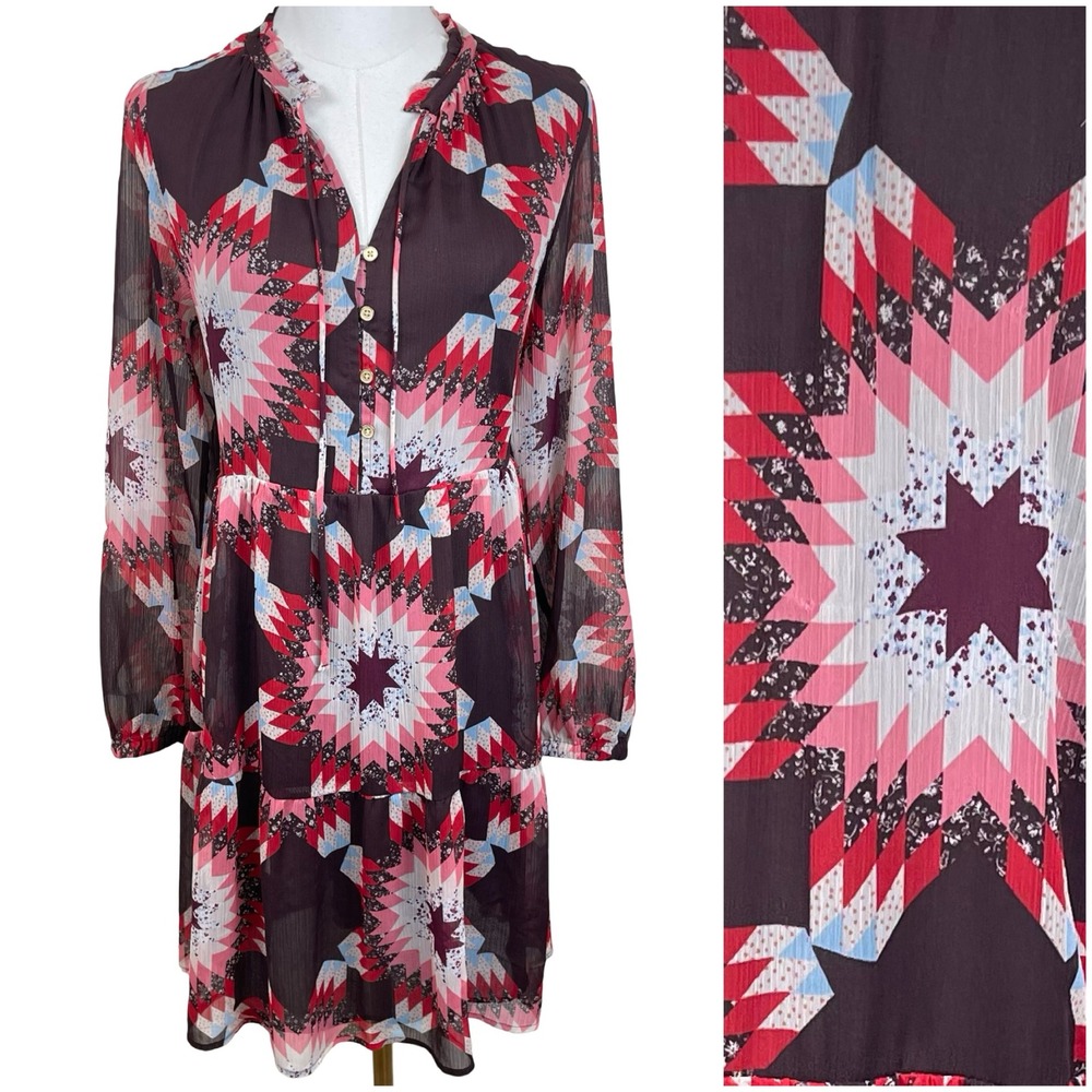 LOFT Patchwork Print Tiered Dress Women S Brown Pink Geometric Long Sleeve Bohi